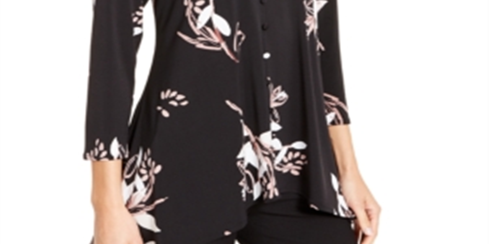 Blusa feminina Alfani com estampa e decote em V, preta, tamanho XS