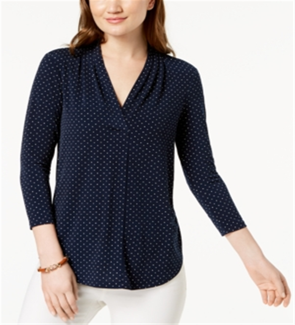Top feminino estampado com decote em V, azul, tamanho médio, Charter Club