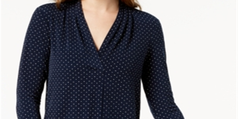 Top feminino estampado com decote em V, azul, tamanho médio, Charter Club