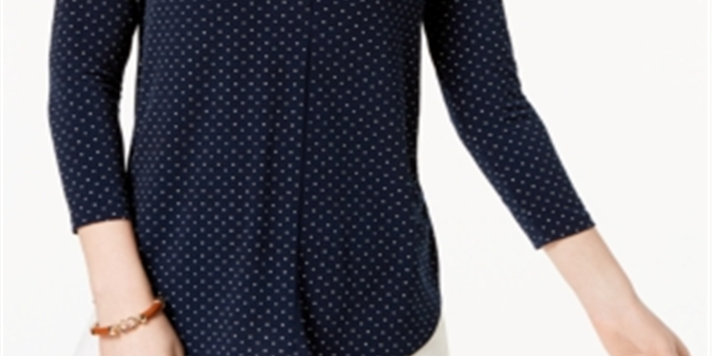 Top feminino estampado com decote em V, azul, tamanho médio, Charter Club
