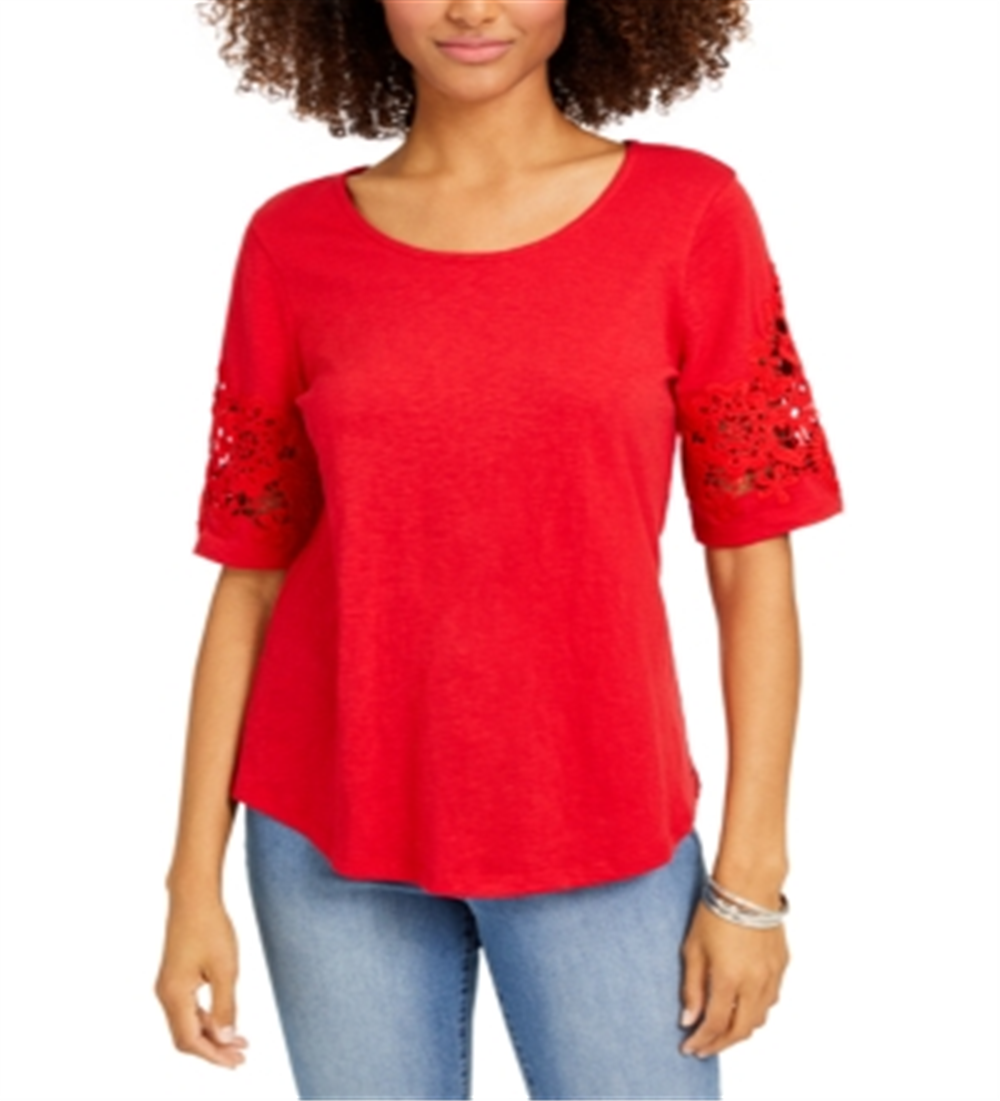 Top feminino Charter Club com acabamento em renda, vermelho, tamanho médio