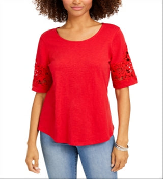 Top feminino Charter Club com acabamento em renda, vermelho, tamanho médio