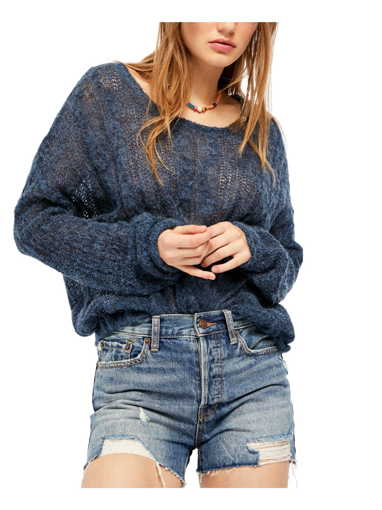 Blusa feminina de manga comprida com decote em joia, azul, tamanho extrapequeno, da Free People