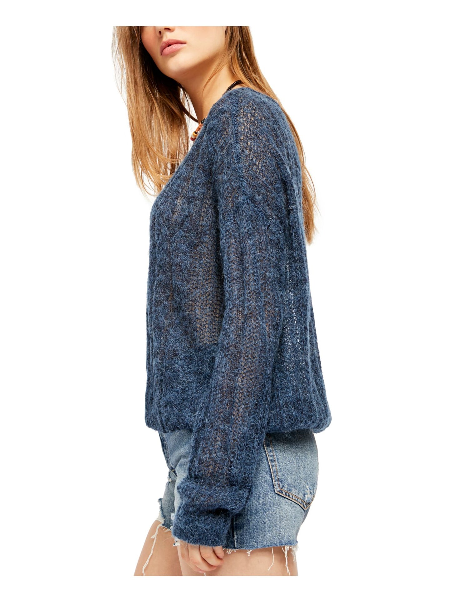 Blusa feminina de manga comprida com decote em joia, azul, tamanho extrapequeno, da Free People