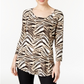 JM Collection Blusa feminina estampada com manga 3/4, marrom, tamanho pequeno, médio