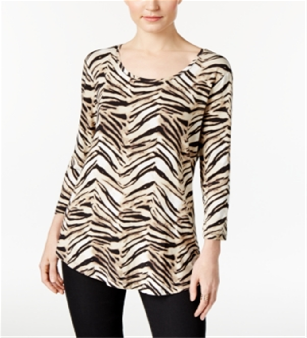 JM Collection Blusa feminina estampada com manga 3/4, marrom, tamanho pequeno, médio