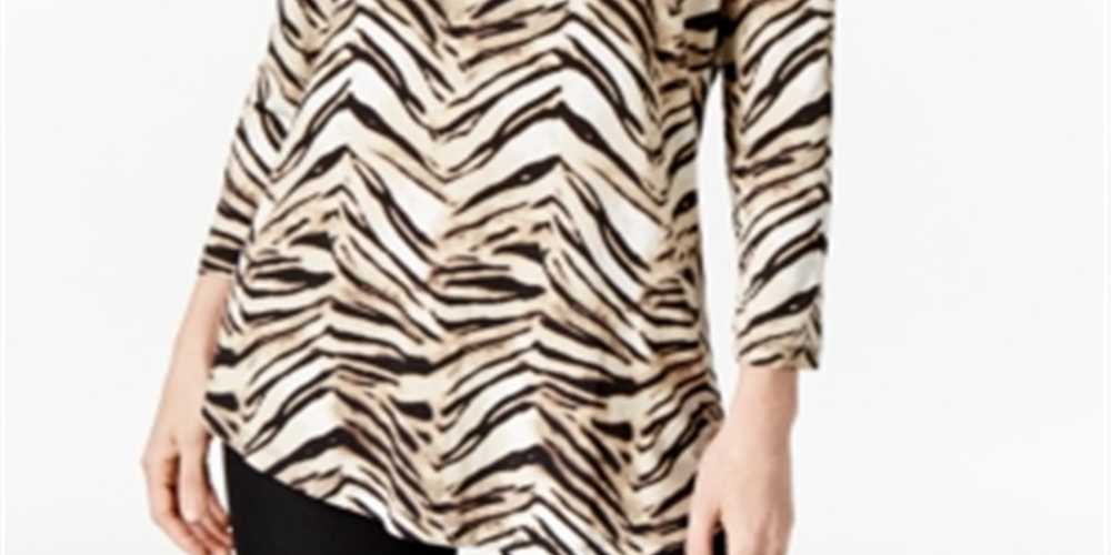 JM Collection Blusa feminina estampada com manga 3/4, marrom, tamanho pequeno, médio