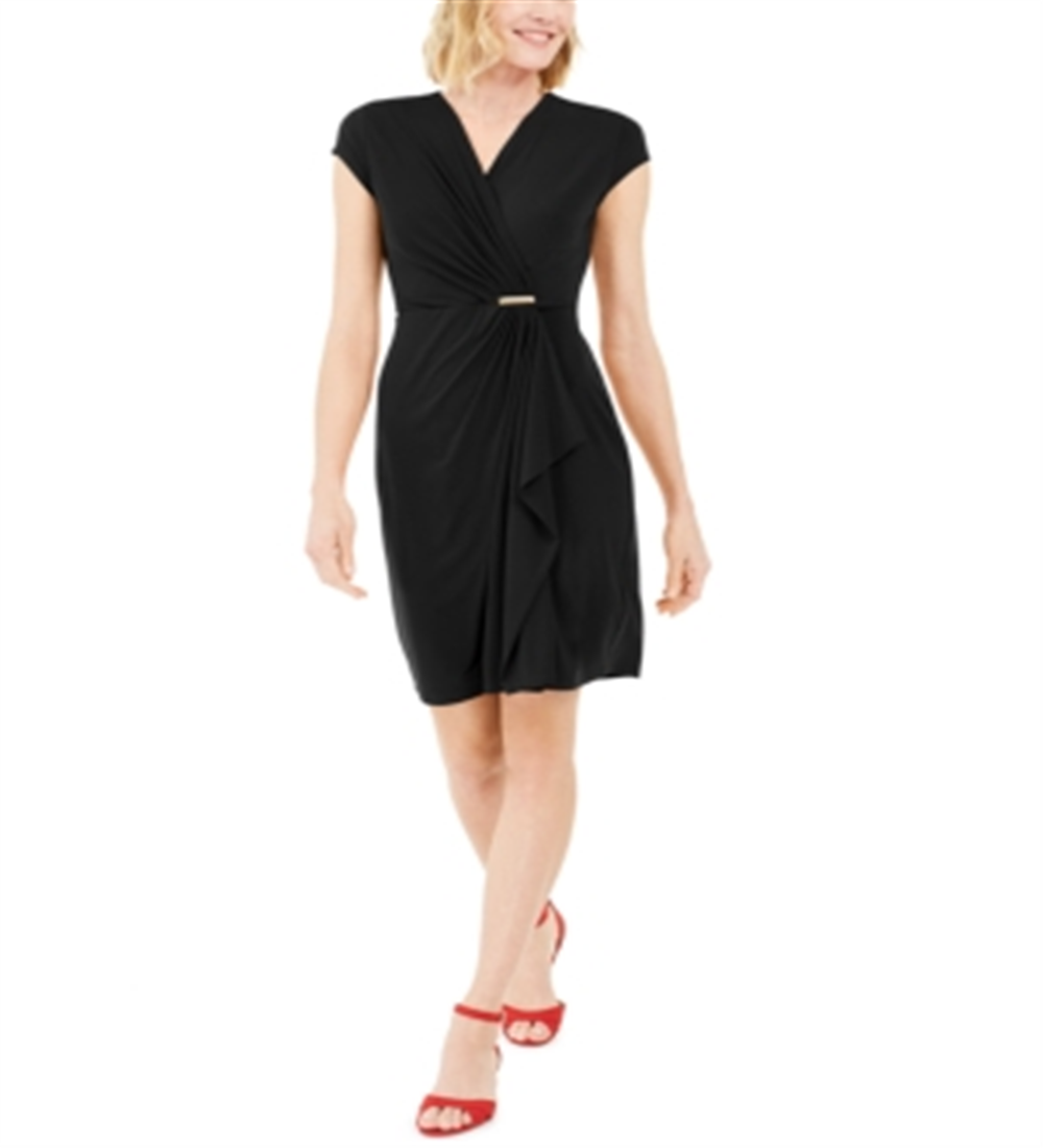 Vestido cruzado de malha feminino Charter Club com manga curta, preto, tamanho 2XL
