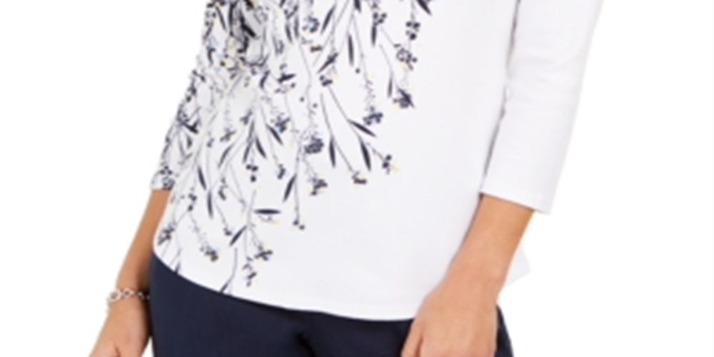 Charter Club Blusa feminina estampada com decote canoa e algodão Pima, branca, tamanho X-G