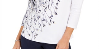 Charter Club Blusa feminina estampada com decote canoa e algodão Pima, branca, tamanho X-G