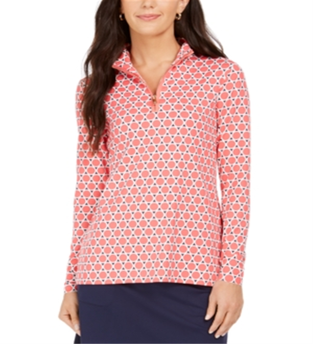 Camiseta feminina Charter Club estampada com meio zíper - Tuscon Coral Combo tamanho pequeno