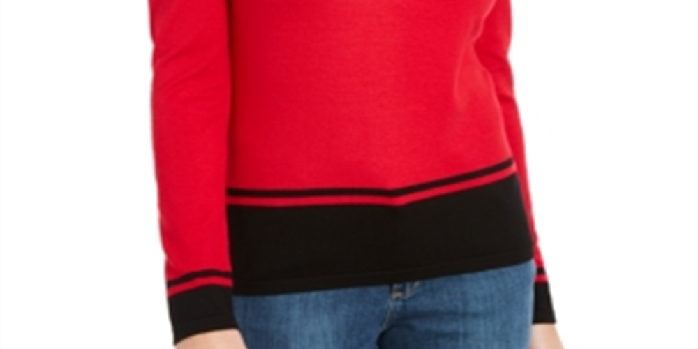 Karen Scott Suéter Feminino Colorblocked-Hem Vermelho Tamanho Médio