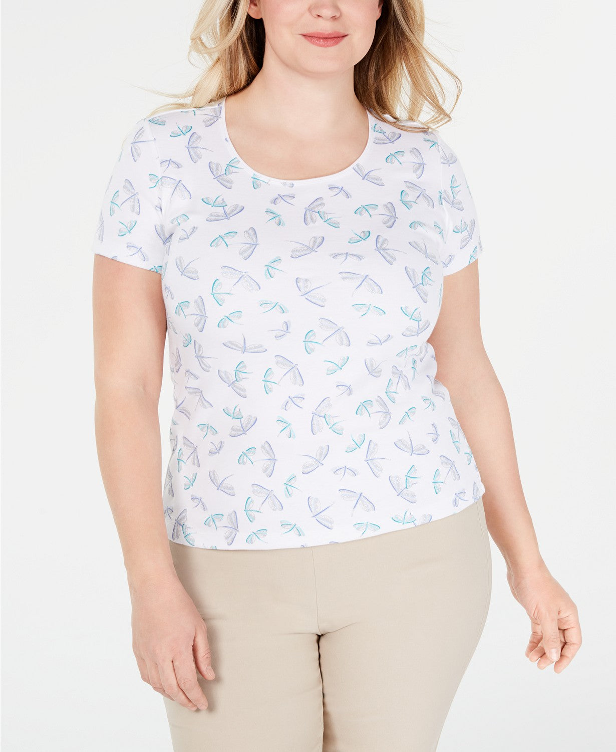 Karen Scott Blusa Plus Size Estampada com Decote Redondo Azul Tamanho 3X Feminina