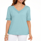 Blusa feminina Karen Scott com acabamento em crochê, azul, tamanho pequeno