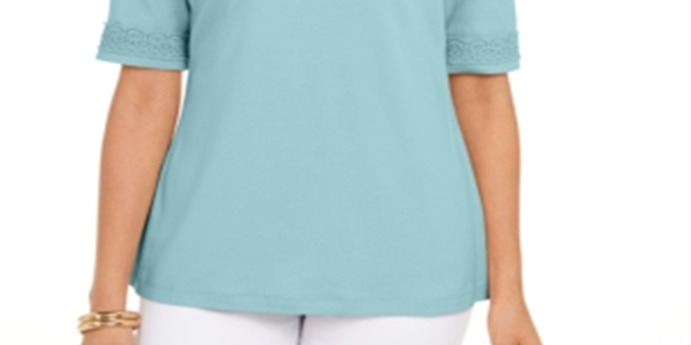 Blusa feminina Karen Scott com acabamento em crochê, azul, tamanho pequeno