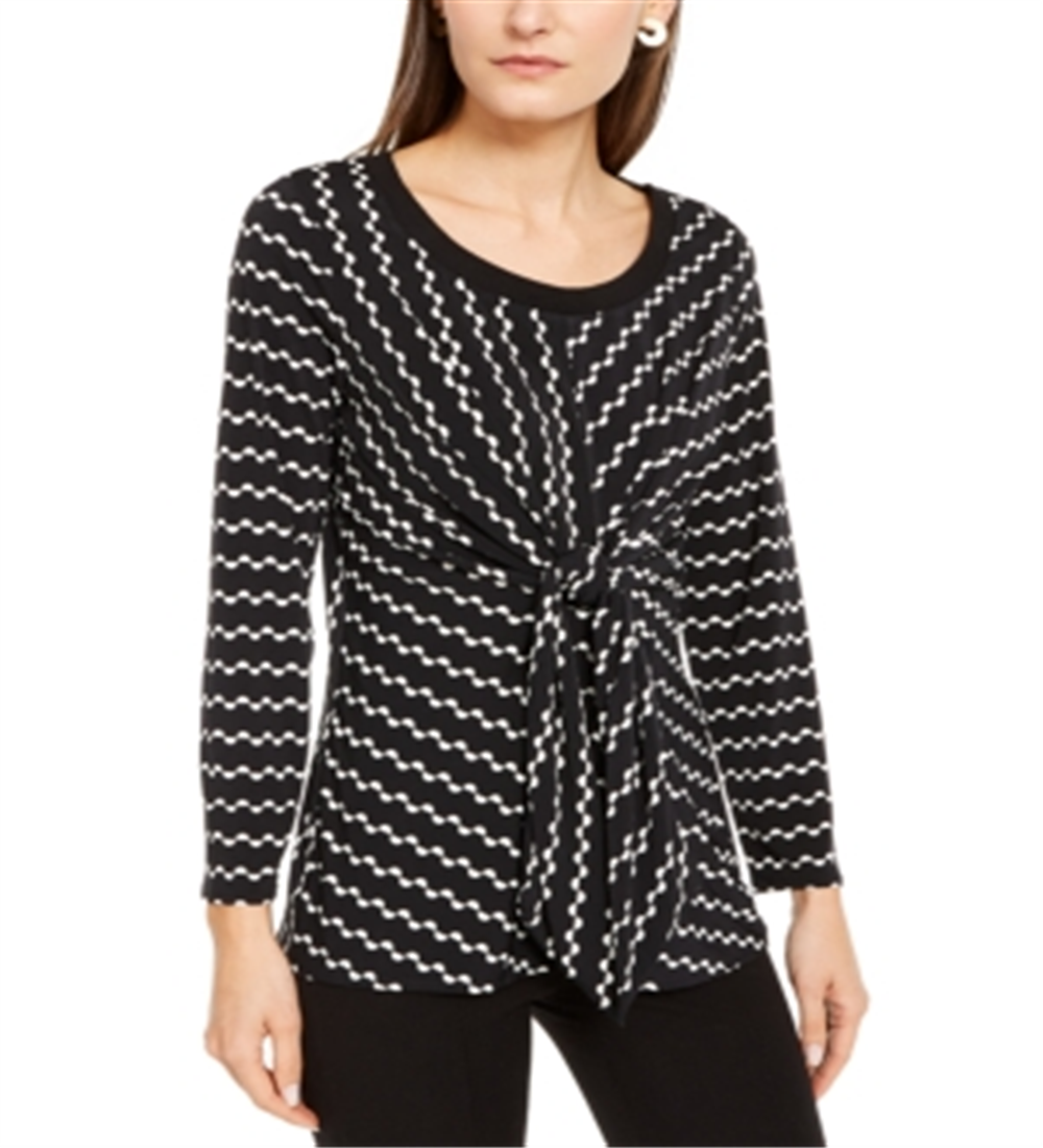 Blusa feminina Alfani com estampa de gravata, manga comprida, decote redondo, blusa de noite, preta, tamanho pequeno pequeno