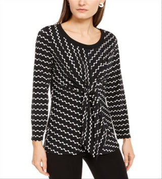 Blusa feminina Alfani com estampa de gravata, manga comprida, decote redondo, blusa de noite, preta, tamanho pequeno pequeno