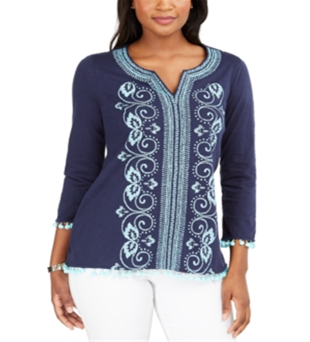 Túnica feminina bordada com decote dividido, azul, tamanho extragrande, Charter Club