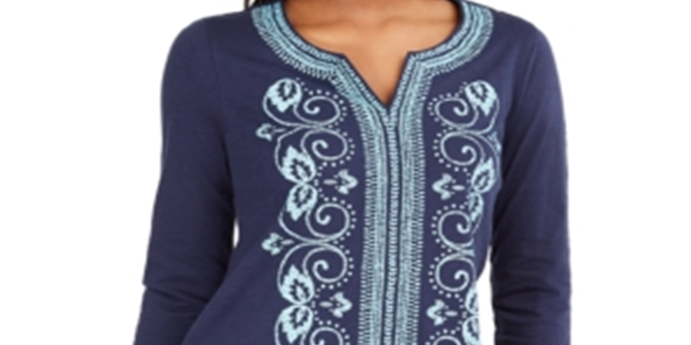 Túnica feminina bordada com decote dividido, azul, tamanho extragrande, Charter Club