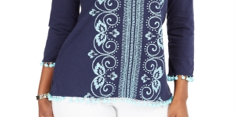Túnica feminina bordada com decote dividido, azul, tamanho extragrande, Charter Club