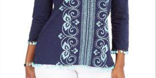 Túnica feminina bordada com decote dividido, azul, tamanho extragrande, Charter Club