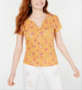 Blusa feminina Ultra Flirt com decote em V e renda nas costas, tamanho médio, dourada