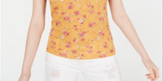 Blusa feminina Ultra Flirt com decote em V e renda nas costas, tamanho médio, dourada