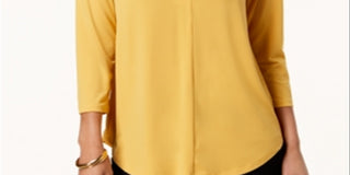 Top feminino Charter Club com manga 3/4, amarelo, tamanho médio