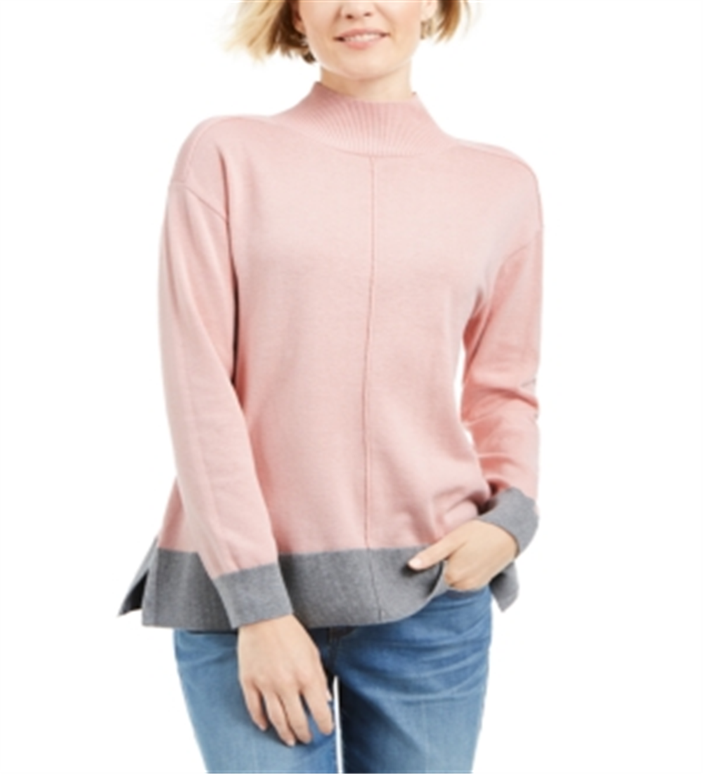 Karen Scott Suéter Feminino Erin Cotton Colorblocked Gola Mock Rosa Chá Combinação Tamanho XS