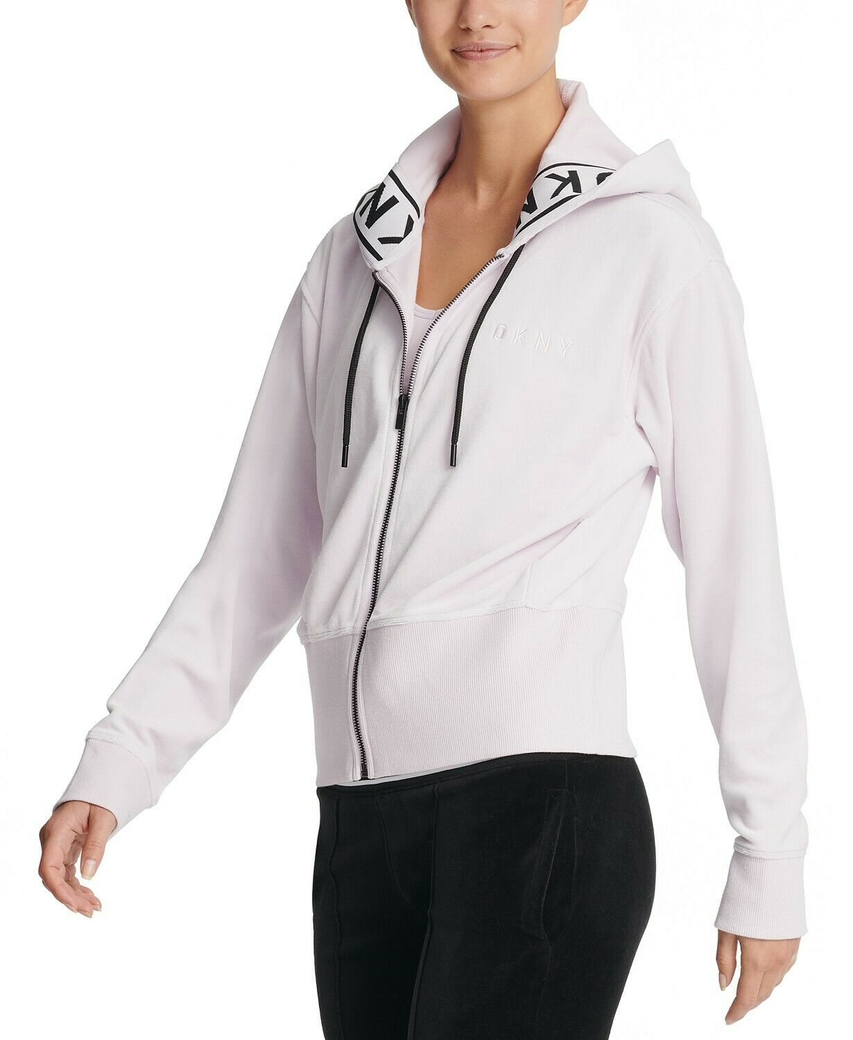 Moletom com capuz feminino DKNY Sport Logo-Cuff com zíper, rosa, tamanho grande