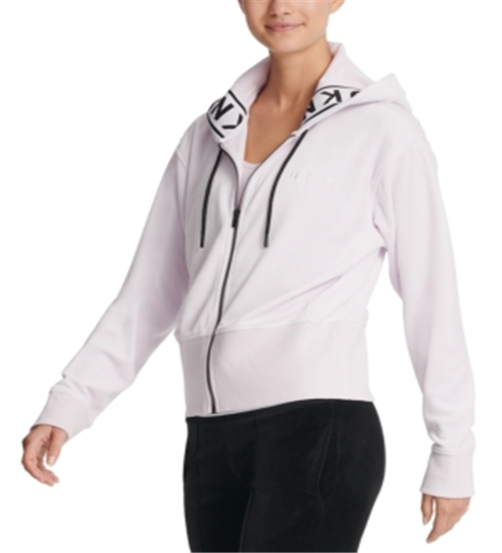 Moletom com capuz feminino DKNY Sport Logo-Cuff com zíper, rosa, tamanho grande