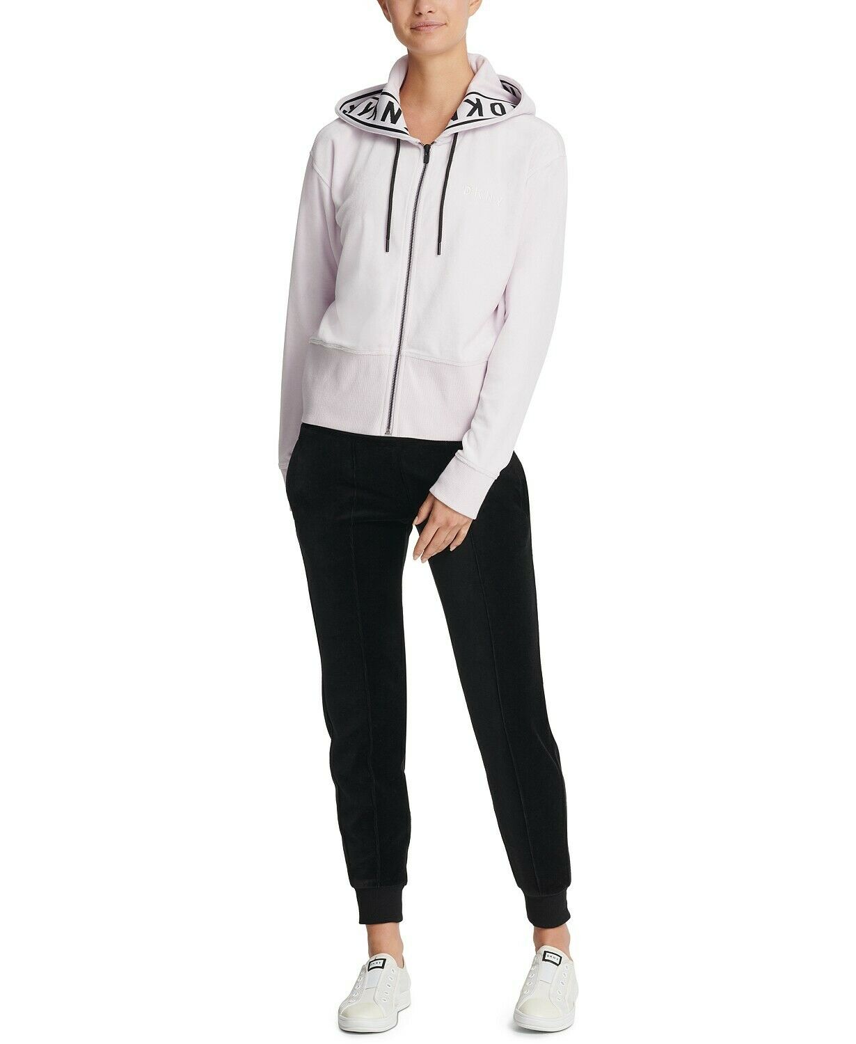 Moletom com capuz feminino DKNY Sport Logo-Cuff com zíper, rosa, tamanho grande