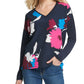 Blusa feminina estampada DKNY de manga comprida e decote em V, azul, tamanho extragrande
