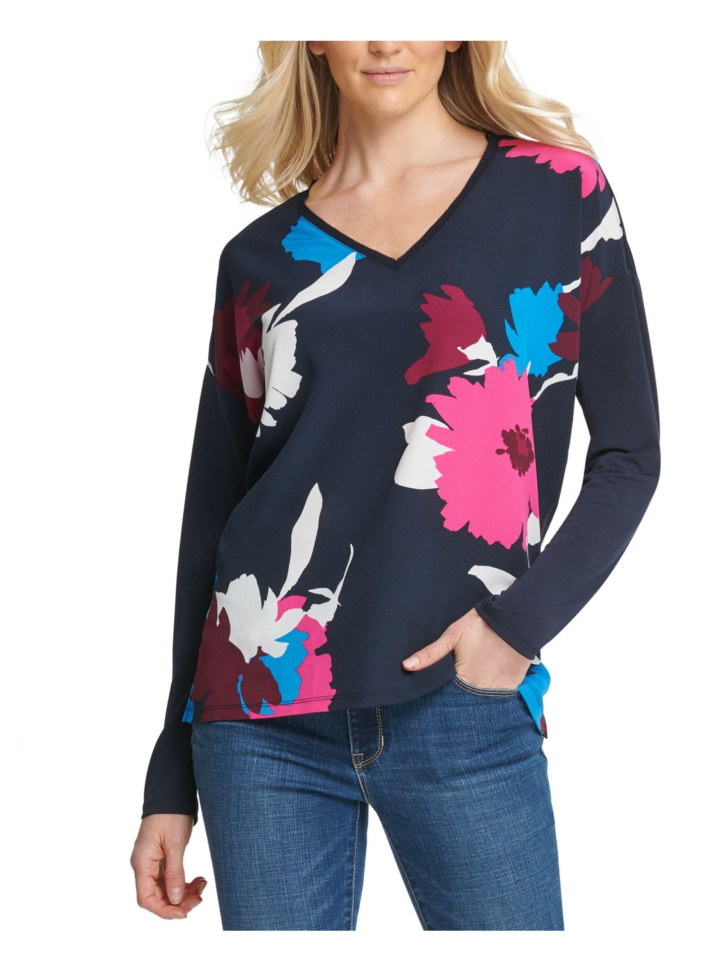 Blusa feminina estampada DKNY de manga comprida e decote em V, azul, tamanho extragrande