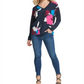 Blusa feminina estampada DKNY de manga comprida e decote em V, azul, tamanho extragrande