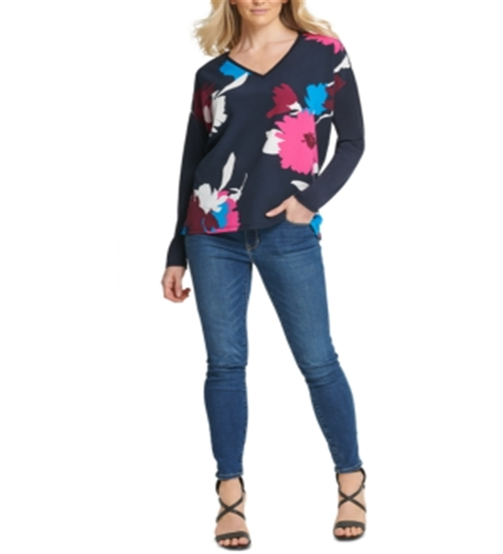 Blusa feminina estampada DKNY de manga comprida e decote em V, azul, tamanho extragrande