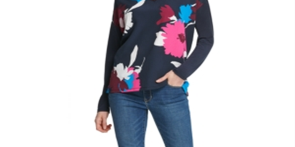 Blusa feminina estampada DKNY de manga comprida e decote em V, azul, tamanho extragrande