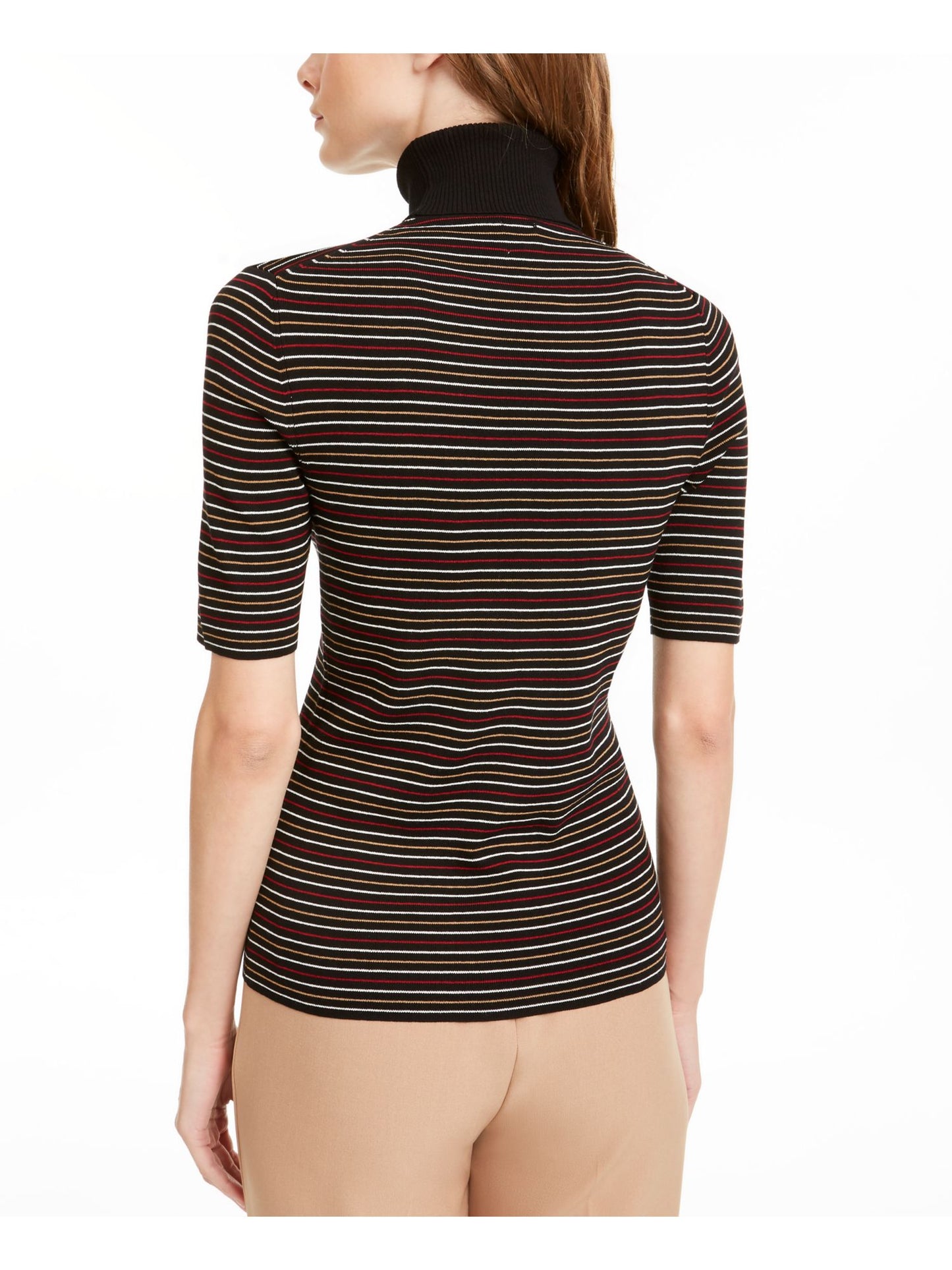 Blusa feminina Anne Klein listrada de gola alta, preta, tamanho extragrande