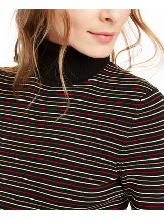 Blusa feminina Anne Klein listrada de gola alta, preta, tamanho extragrande