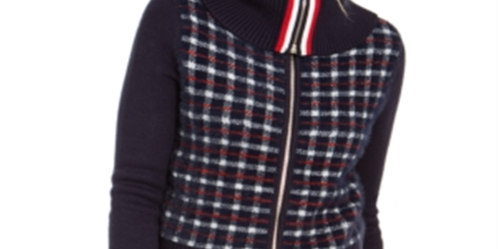 Jaqueta suéter xadrez feminina Tommy Hilfiger azul marinho tamanho M