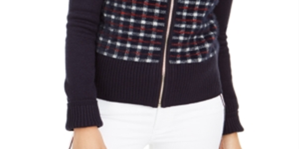 Jaqueta suéter xadrez feminina Tommy Hilfiger azul marinho tamanho M