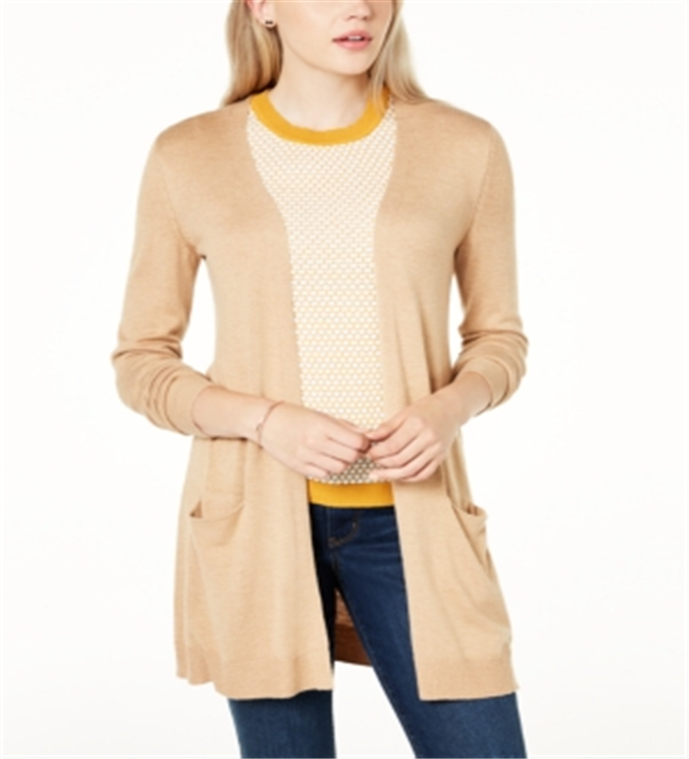 Cardigan feminino longo de malha com frente aberta Maison Jules, marrom, tamanho XX-G