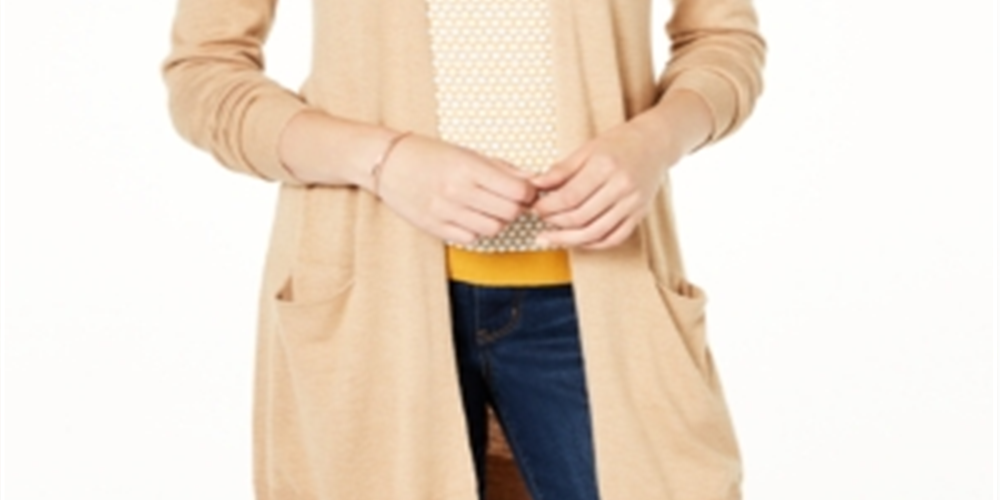 Cardigan feminino longo de malha com frente aberta Maison Jules, marrom, tamanho XX-G