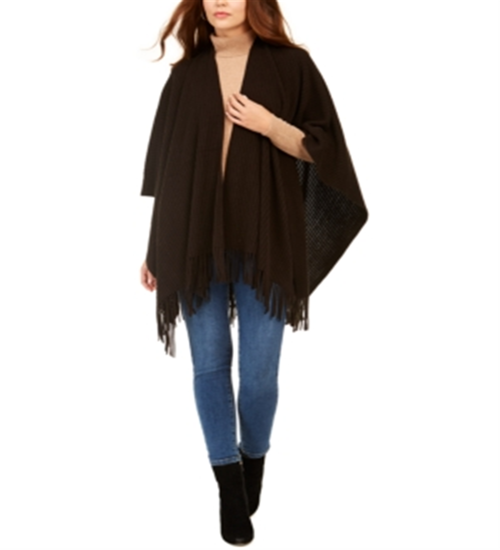 Wrap Ruana com franjas caneladas - Preto, tamanho único