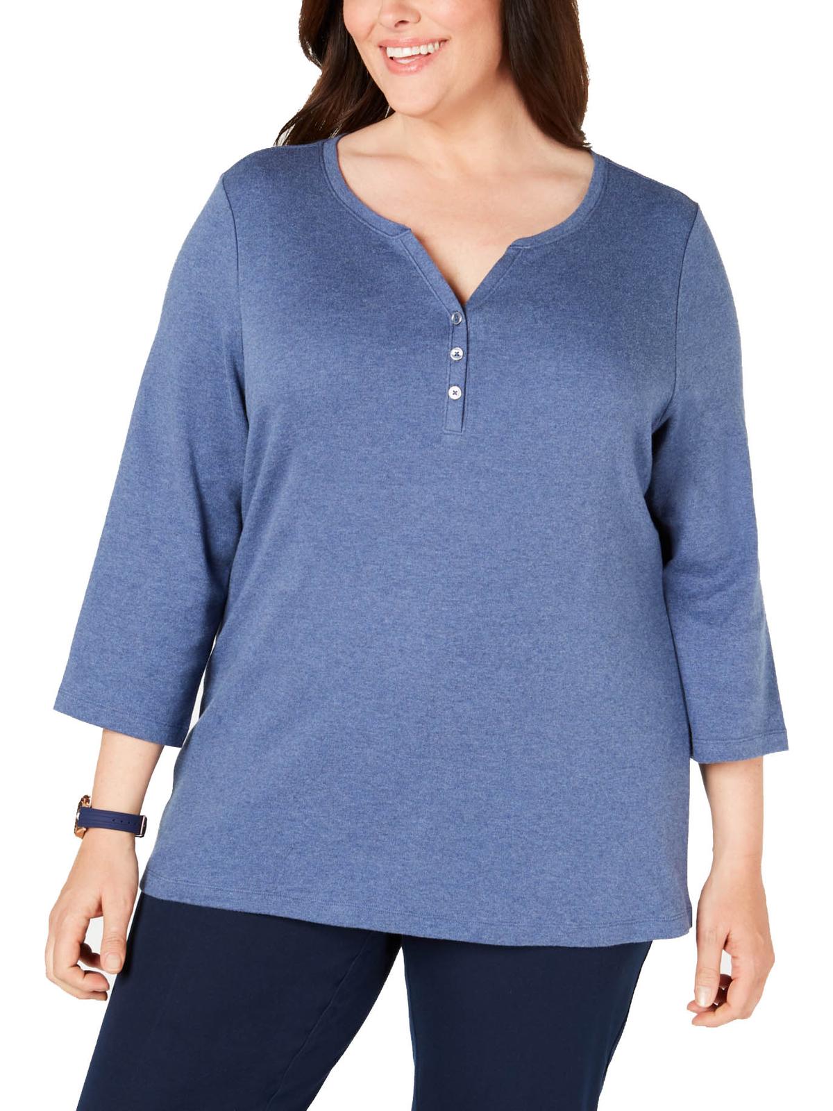 Karen Scott Top Henley Feminino Plus com Mescla e Gola V Azul Tamanho 1X