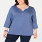 Karen Scott Top Henley Feminino Plus com Mescla e Gola V Azul Tamanho 1X