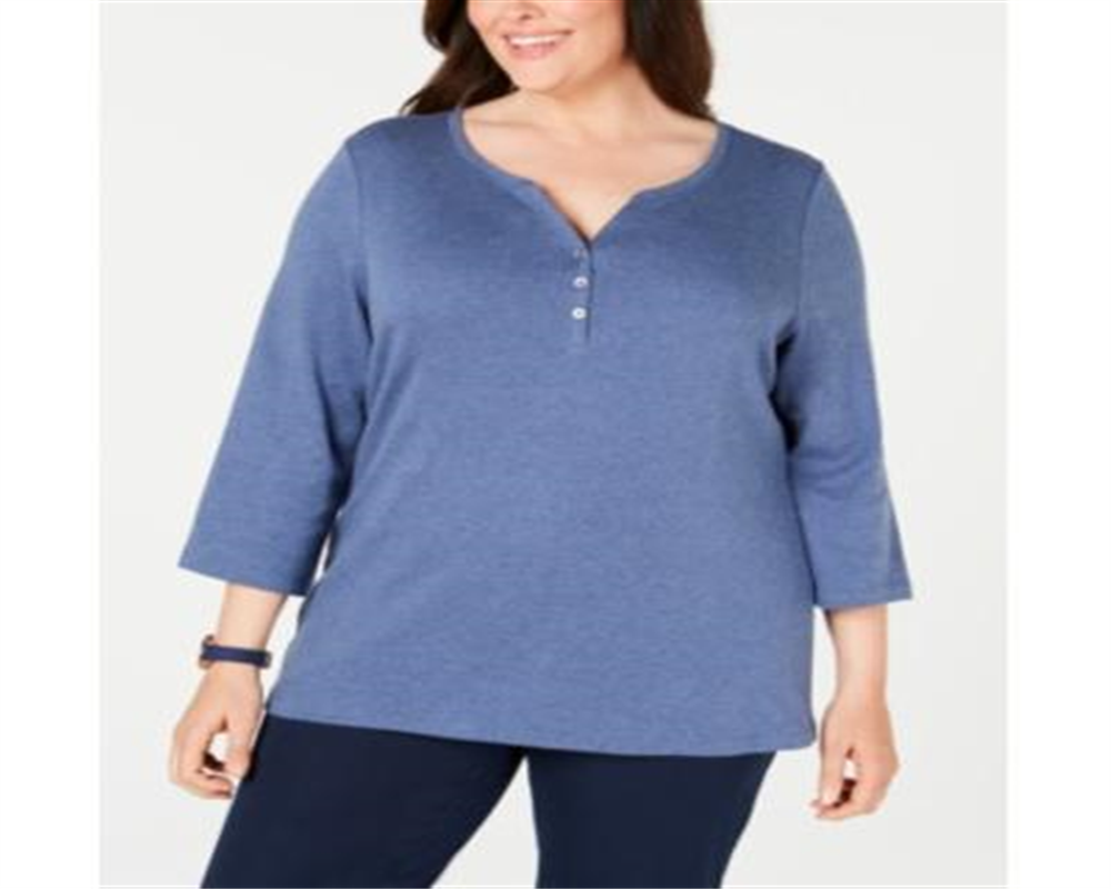 Karen Scott Top Henley Feminino Plus com Mescla e Gola V Azul Tamanho 1X