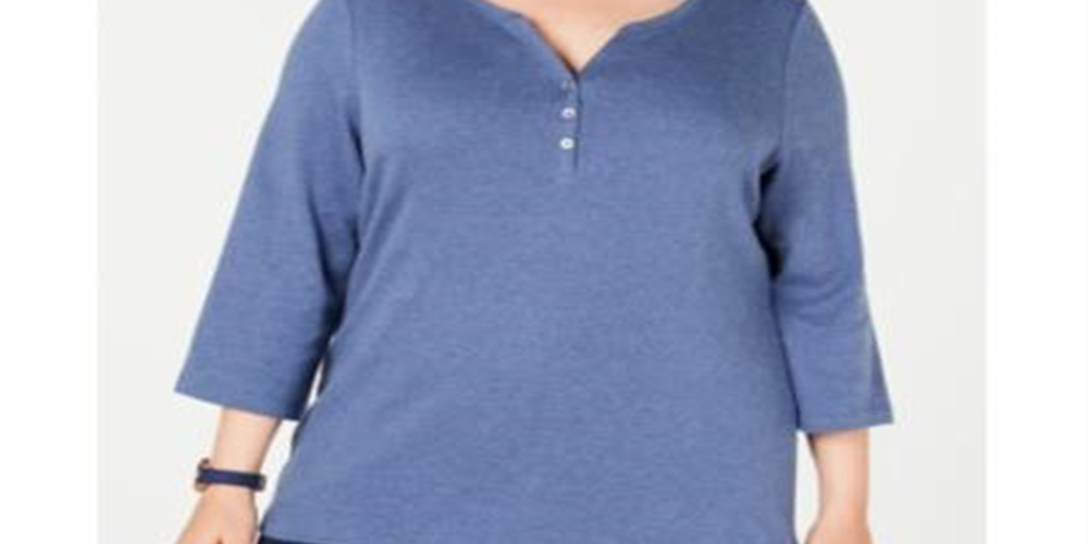 Karen Scott Top Henley Feminino Plus com Mescla e Gola V Azul Tamanho 1X