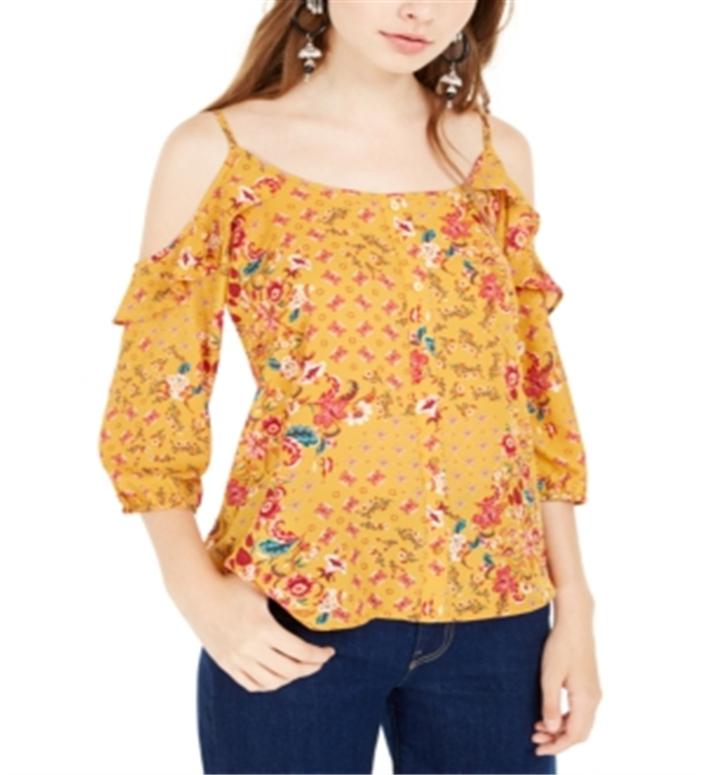 Top Hippie Rose Juniors com babados e ombros descobertos, amarelo, tamanho pequeno