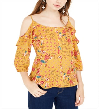 Hippie Rose Juniors' Ruffle-Trimmed Cold-Shoulder Top Yellow Size Small